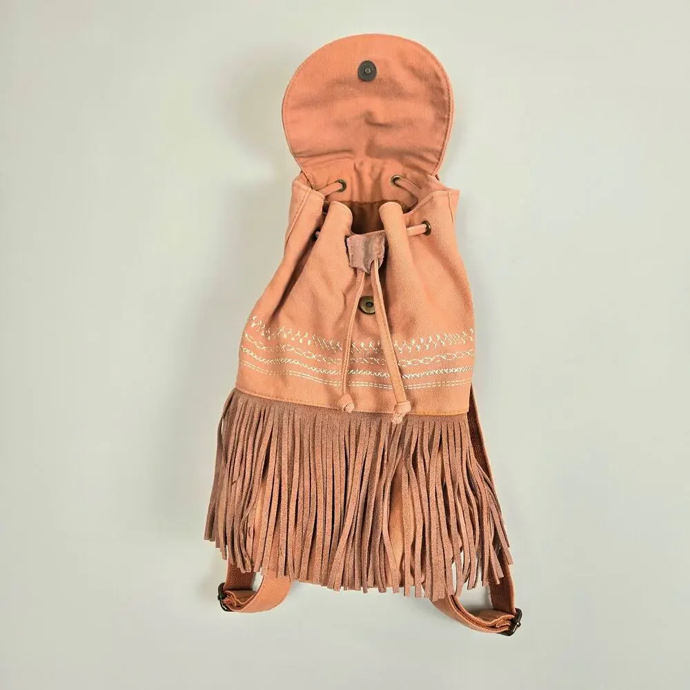 Embroidered Suede Fringe Canvas Bucket Backpack Salmon